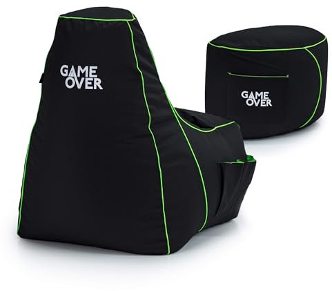 Game Over Video Gaming Bean Bag Chair with Footstool | Indoor Outdoor Highback Water Resistant Beanbag | Side Pockets & Headset Holder | Ergonomically Designed for Gamers (Fel Magic)