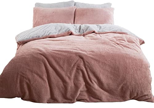 Brentfords Reversible Teddy Fleece Duvet Cover with Pillow Case Supersoft Cuddly Fluffy Thermal Warm Soft Bear Bedding Set, Blush Grey - Double