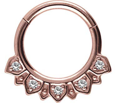 PIERCINGLINE Chirurgenstahl Segmentring Clicker ORIENTALISCHES DESIGN + 5 KRISTALLE Piercing Ring Nase Septum Ohr Helix Tragus Roségoldfarben