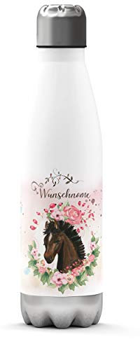 Sunnywall Premium Edelstahl-Thermosflasche Pferde mit Wunschnamen individuell personalisiert kalt & heiß Thermoskanne Isolierflasche Trinkflasche Wasserflasche Campingflasche (Pferdekopf braun)