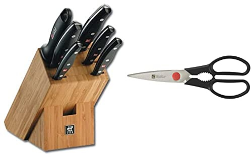 Zwilling Twin Pollux Set di Coltelli con Ceppo 7Pezzi, Rame, bambù, 7 Pezzi & Forbici Multifunzionali Acciaio Inossidabile, Nero, 21 Cm