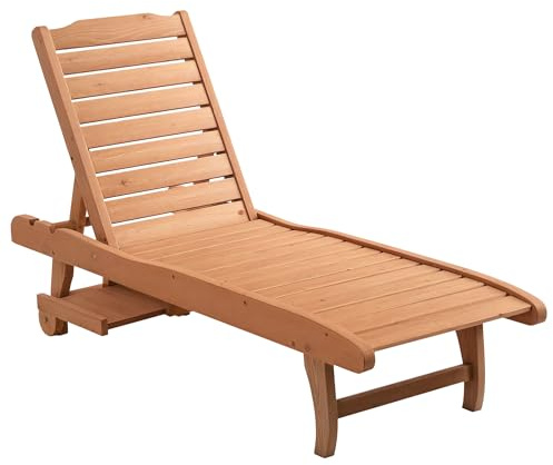 Outsunny Lettino Prendisole in Legno di Abete con Schienale Regolabile a 3 Posizioni, Lettino Sdraio da Giardino con Ruote e Vassoio Estraibile, 182x60x35cm