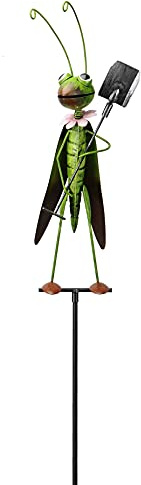 Posiwio dekorativer witziger Gartenstecker Grashüpfer mit Schaufel Metall bemalt 2 Modelle zur Auswahl (Metall grün-schwarz, Schaufel Oben)