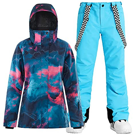 Damen Ski Jacken und Hosen Snowboard Schneeanzug Mantel Warm Kapuze Wasserdicht Winddicht Isoliert, rot, blau, X-Large