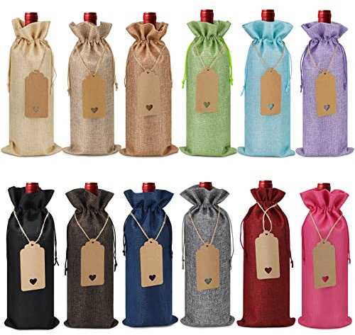 Bottiglia di Vino Sacchetti 12 Pezzi Sacchetti Regalo di vino con 12 Etichette e 10 m Corda di Canapa Riutilizzabili Borse Porta Vino Coulisse per Natale Matrimoni Viaggi Compleanni Feste(12 Colori)