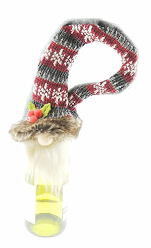 Cute Reusable Santa Hat Elf Gnome Green Red White Christmas Xmas Jumper Hat Paper Large Party Wine Bottle Gift Present Bag Wrap Cover Holder Decoration Toppers Dinner Table Decor (Red)