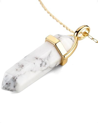 LAVISA Obelisk Edelsteinkette Gold, Anhänger, echte Kristall kette, Halskette, Rosenquarz, Amethyst, Naturstein - 55 + 5 cm (Howlith)