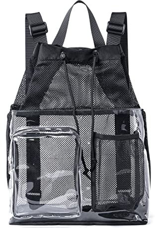 Mildbeer Strapazierfähiger, transparenter Netz-Rucksack mit Kordelzug für Fitnessstudio, Schwimmen, Strand, Sport, Pendeln, Reisen, Schwarz, Medium, Reiserucksäcke