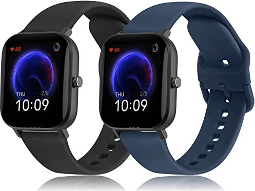 2-Pezzi Silicone Cinturino per Amazfit Bip /Amazfit Bip U /Bip U Pro /Bip 3 /Amazfit Bip S /S Lite,20mm Morbido Per Amazfit Bip 3 Pro (Nero+Blu Navy)