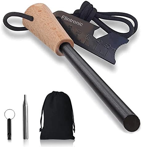 Flintronic Feuerstahl mit Handmade Griff, Feuerstein Survival Set, Wasserfester Magnesium-Feuerstarter, mit Pfeife,Teleskop Blasrohr,Schaber mit Skala, für Camping/Wandern/Outdoor
