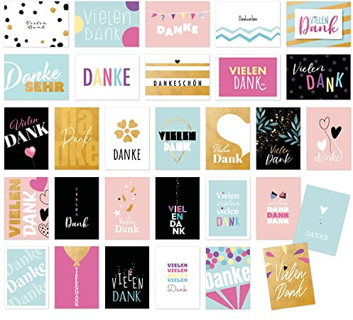 30 Dankeskarten Danke Karten im Set mit Umschlag mit modernen Design Schrift Typo Motiven zum Bedanken und Dankeschön sagen Mix