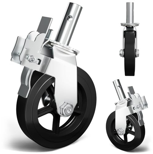 OK5STAR 8 Inch Scaffolding Wheels, Scaffold Caster with Dual Locking Brakes, Heavy Duty 750LBS Rubber Caters 1-3/8 Stem Replacement for Scaffold Workbench Shelves