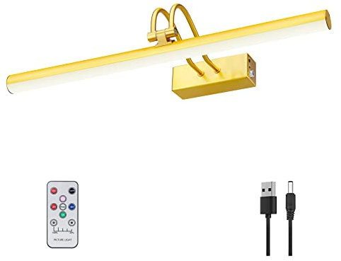 RAIFOOLLY Picture Light, 16in Battery Operated Lights for Paintings,Metal Remote Control Display Art Light w/ Timer & Dimmable for Wall Painting,Frame, Portrait, Dartboard, Plated-gold (RF00123)