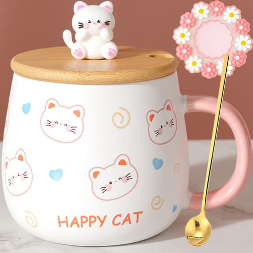 Arawat Katzentasse mit Deckel Süße Katze Tasse Geschenk 400 ml Keramik Kaffeetasse mit Löffel & Untersetzer Weihnachten Kakao Tee Kaffee Becher Süße Geburtstagsgeschenk für Freundin Frauen Mädchen