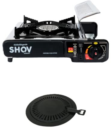 SHOV Gaskocher Campingkocher groß mit Grillaufsatz und Tragekoffer/Aufbewahrungskoffer 2,2KW in silber/schwarz