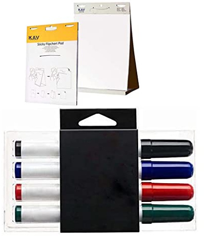 KAV Tabletop Self Stick Flipchart Paper Pad with Dry Erase Pens - 58.5 x 50cm Plain 20 Sheets with Non-Toxic Markers for White/Notice Boards - Office, School, Home Notes - Assorted - Pack of 4
