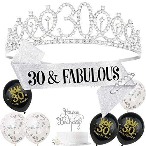 GoldRock Krone Deko 30 Geburtstag Frau,30 Geburtstag Frauen Deko Silber Set,Dirty Thirty Schärpe Geburtstag,Luftballons 30. Geburtstag,Geburtstagskrone Tortendeko 30er,Geschenke zum 30 Geburtstag Frau