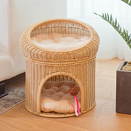 SIDID Katzenbett Große Katzen XXL Waschbar Zweistöckiges Katzenkörbchen Katzenhöhle Handgewebt PP-Rattan Katzenhaus mit Kratzkugel für Katzen und 2 Kissen (Color : A)