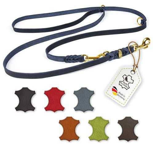 Hundeleine Leder 2m kleine Hunde leicht Fettlederleine [3-Fach Verstellbar] Lederleine geflochten – robuste Leine Hund mit Messingbeschlägen – Führleine Hund & Freihandleine zum Umhängen, Blau 8mm
