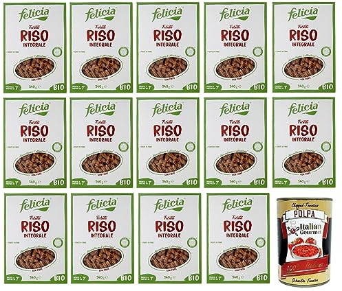 Italian Gourmet Pasta Fusilli di Riso Integrale Bio glutenfrei 14 x 340g | Mit 100% Vollkornreis aus italienischer Lieferkette, senza lattosio, Gesamtnettogewicht 4,76 kg + Kostenlos Polpa 400g