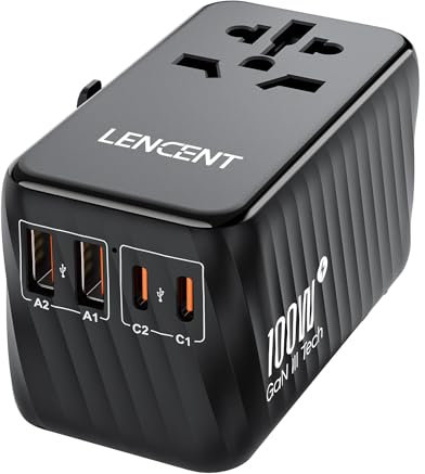 LENCENT 100W GaN3 Adaptateur Prise électrique 2 PD3,0 USB C+2 QC USB A Adaptateur Voyage Universel Charge Rapide International vers UK USA AUS Canada Italie Chine Japon Thaïlande Noir