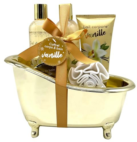 French Tendance - Coffret Bain Vanille - Gel Douche 260ml, Bain Moussant 260ml, Sels de Bain, Fleur de Douche - Cadeau Femme Beauté, Soin Corps - Kit Cocooning Baignoire