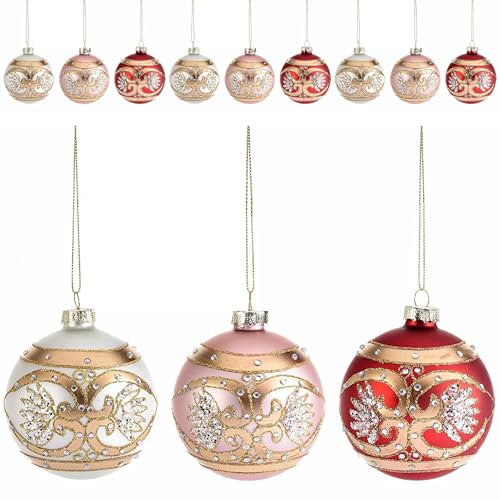 Gruppo Maruccia - Palline per Albero di Natale in Vetro con Strass - Addobbi Artigianali da Appendere - Diametro 8 Cm - Set da 12 Decorazioni
