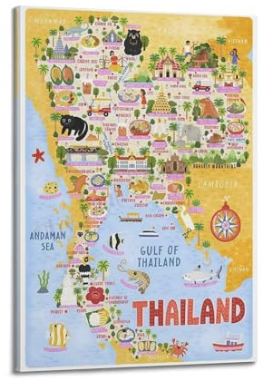 WALS Landkarte Poster Asien Thailand Dekorative Leinwand Familie Schlafzimmer Kunstwerk Bild Gemälde 30 x 45 cm