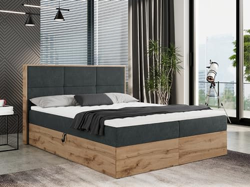 MKS MEBLE Boxspringbett 180x200 mit Bettkasten Holz Holzrahmen, Boxbett 180x200 mit Matratze H3 und Kopfteil - Grau Struktur - Albero-2