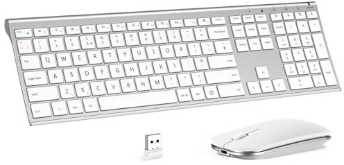 Rechargeable Wireless Keyboard and Mouse Set, seenda Ultra Slim Silent USB keyboard Mouse, Full Size Keyboard with Number Pad QWERTY UK Layout for Windows PC Laptop Desktop Computer, Silver White
