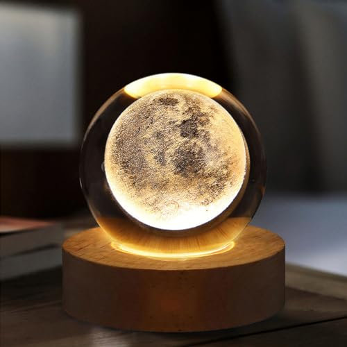RuiDa Veilleuse Boule de Cristal 3D,Boule de Cristal de La Galaxie Spatiale,Lampe de Nuit Boule de Verre avec Base en Bois,Veilleuse LED de La Galaxie,Boule Cristals Système Solaire