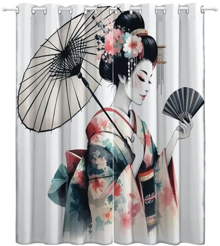 Rideau Occultants Motif Geisha de Style Japonais Rideaux À Oeillets Thermique Isolant Anti UV Opaque Draperies Intérieurs Decoration pour Salon Chambre Fenetre Blanc 2 Panneaux 140 x 245 cm(LxH)