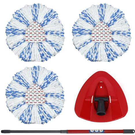 DLAIMI Cabezal de fregona giratoria, base, mango compatible con mopa de microfibra Vileda Turbo, 3 cabezales de fregona de microfibra, 1 funda triangular y 1 mango telescópico
