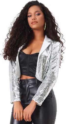 Allegra K Damen Pailletten Blazer mit Reverskragen Offene Vorderseite Kurz | Sequined Design mit Kontrastdetails Cropped Silhouette Geeignet für Cocktail Offene Vorderseite