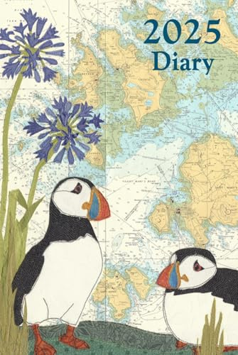 Puffins at Scilly Cornwall 2025 diary weekly planner journal - coastal nautical designs sewn onto old sea charts maps | week to view