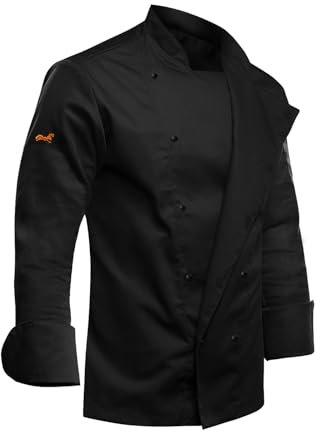 Kochjacke Herren mit Stretch-Rücken EasyClean Moderne Langarm und Kugelknöpfen Slim Fit Schwarz Gr. XL