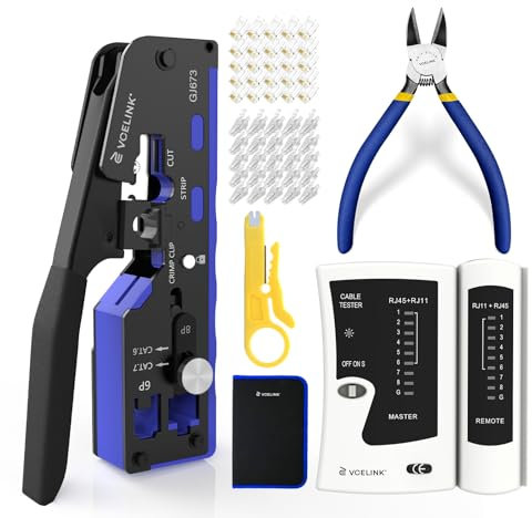 VCELINK Upgraded RJ45 Crimping Tool Kit for CAT7/6A/6/5E/5 with a Pass Through Ethernet Crimper,25 Cat6 RJ45 Connectors & Strain Relief Boots, Cable Tester, Wire Stripper and Cutter in a Cloth Bag