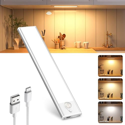 MUSUNIA Éclairage d'armoire LED avec détecteur de mouvement 1 pièce Éclairage d'armoire Bande LED Batterie Rechargeable USB Éclairage sous armoire Cuisine LED pour garde-robe Escaliers RV
