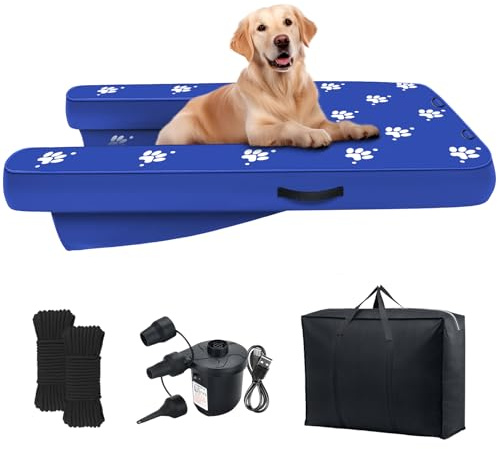 NGNFZQ Plateforme de quai gonflable avec pompe électrique, rampe flottante antidérapante Oxford et PVC avec rampe d'eau pour chiens, piscine, quai, lac avec corde de traction bleue (1,4 x 0,9 x 15,2
