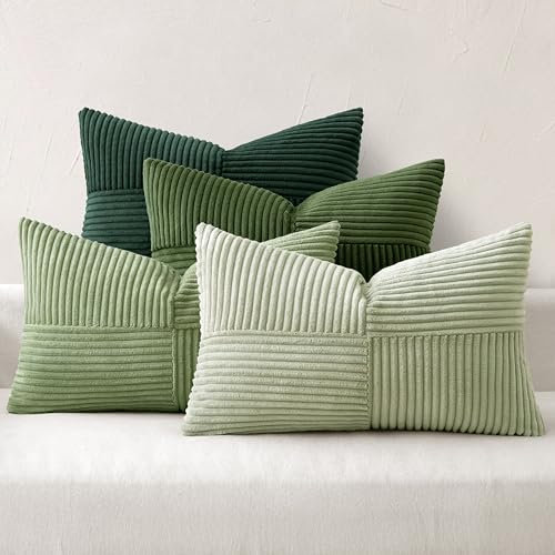 MIULEE 4er Set Kordsamt Kissenbezug Patchwork Kissenhülle Weich Dekokissen Modern Unsichtbarer Reißverschluss Sofakissen Zierkissen für Sofa Wohnzimmer Schlafzimmer Grün Serie 30x50 cm