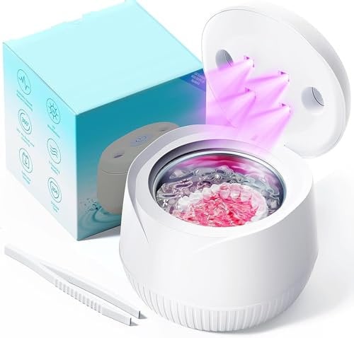 Ultrasonic U-V Cleaner for Dentures, Retainer, Mouth Guard, Aligner, Whitening Trays, Toothbrush Head, 45kHz Ultrasonic Retainer Cleaner Machine for All Dental Appliances, Jewelry, Diamonds (White)