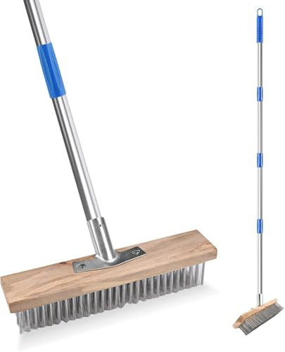 Escoba de alambre con mango, 160 cm, cepillo de acero resistente y cepillo de calle con mango, cepillo de alambre resistente para eliminar musgo, malas hierbas y algas para terraza, patio, jardín