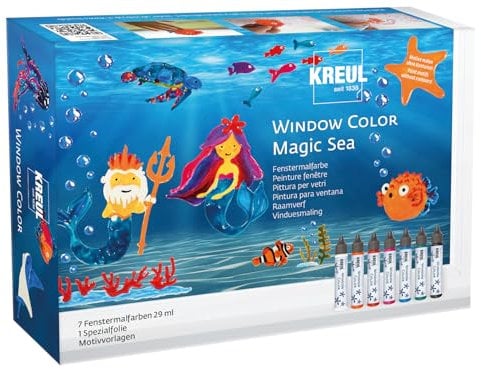Kreul 42940 Window Color Set Magic Sea pour Enfants, 7 x 29 ML, kit Complet avec Couleurs Brillantes dans Le Stylo et modèles à Motifs