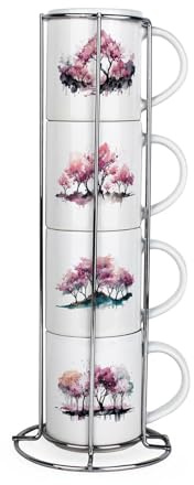 Purely Home Cherry Blossoms Stacking Mugs Set - Pink Floral Presents for Her - Set of 4 Small Ceramic Mugs Gift Set with Metal Stand