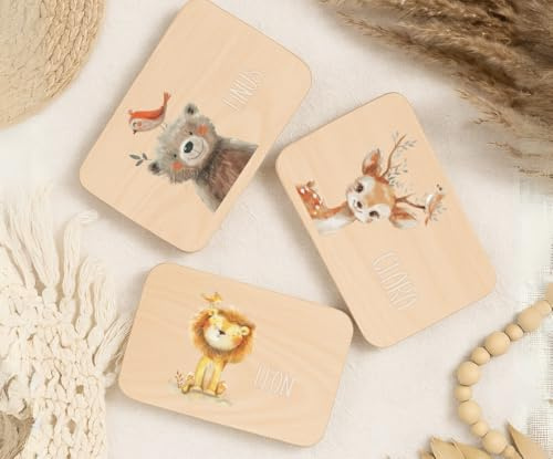 wolga-kreativ Personalisiertes Frühstücksbrettchen Kinder mit Tier Motiv – Fuchs, Reh, Löwe & Katze – Holzbrett mit Namen – Geschenk zur Taufe, Geburt oder Geburtstag