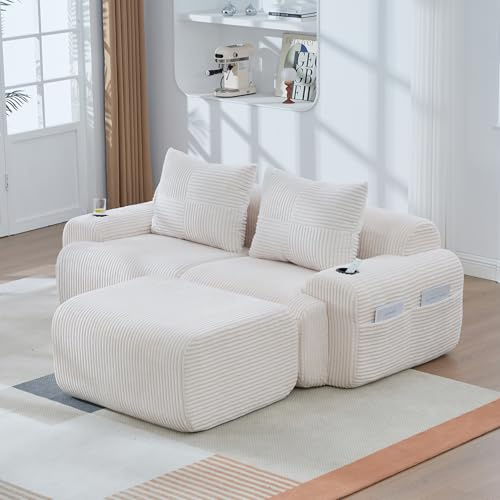 Zepneiy Canapé d'angle en L, Design modulaire, avec 1 Repose-Pieds Amovible, Canapé 2 Places avec Porte-gobelet et Poches de Rangement latérales, Convient aux Salon et Bureau, Velours côtelé, Beige
