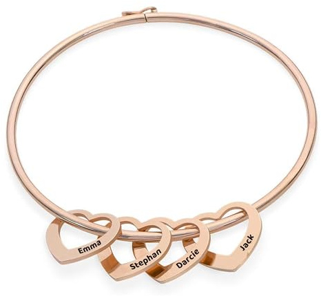 Print Maniacs Personalised Silver Engraved Bangle Bracelet for Women – Custom Heart Charms with Multiple Names – Iscribed Jewellery Gift for Mum, Wife, Nan, Sister – Birthday, Mother’s Day, Christmas