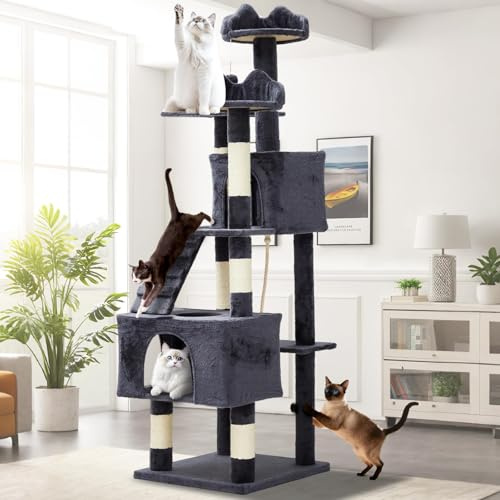 Garvee Arbre à Chat XXL pour Grands Chats – Multi-Niveaux, 2 Condos, hamac, Tunnel, 6 poteaux à griffer en sisal, perchoirs douillets, Plateformes Larges, Balle Suspendue, échelle – Idéal pour