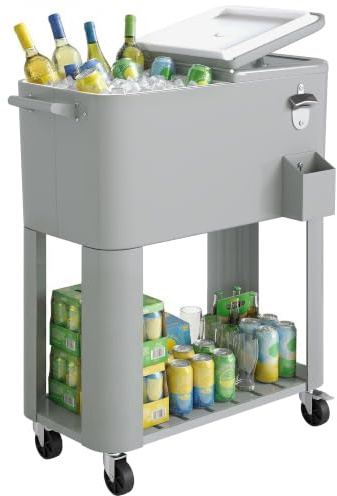 Outsunny Carrito Nevera de 76L con Ruedas con 2 Asas 92x39x81 cm Plateado | Carro de Bebidas con Estante, Abrebotellas, Recogetapas, Drenaje, Mesa Nevera Jardín Exterior, Patio, Fiesta, BBQ
