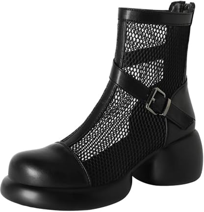 Qynthra Stivaletti con Plateau E Tacco Largo Donna Sandali Estivi Traforati Punta Quadrata Zip Posteriore Tronchetti alla Moda per Uso Quotidiano E Viaggi,Nero,37 EU